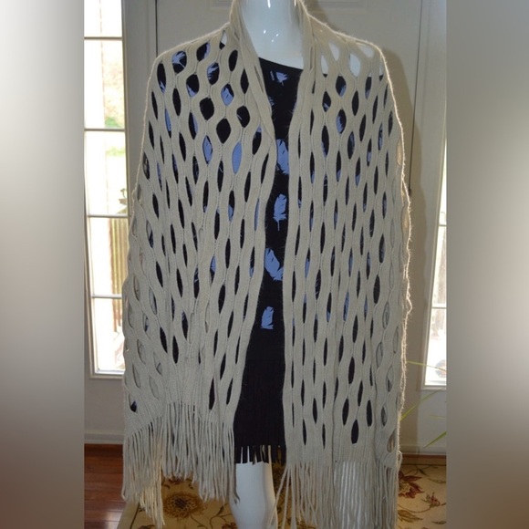 Sweaters - 100% Acrylic open-knit shawl with fringe accents